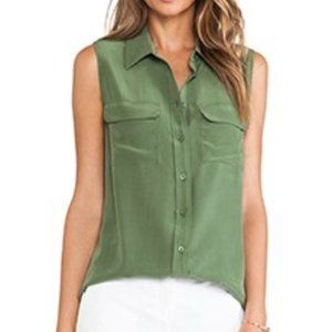 Equipment Sleeveless Slim Signature Silk Olive Green Button Down Blouse. Size XS